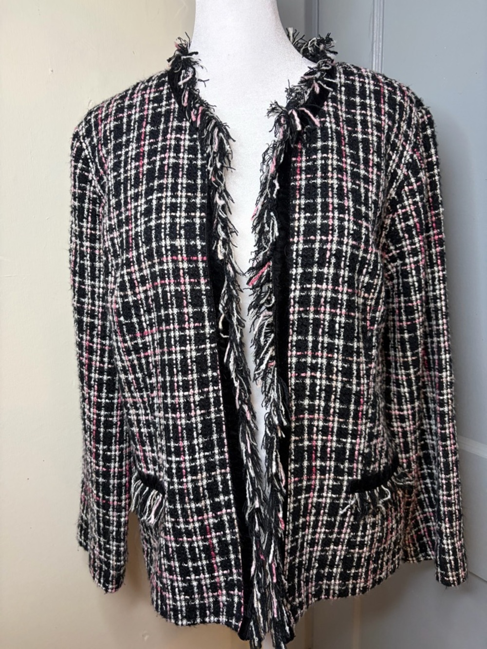 Black and Pink Tweed Open-Front Blazer